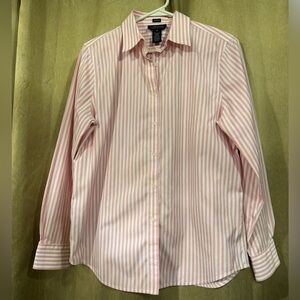Jones New York Signature Cotton Pink and White Striped Button Up Dress Shirt